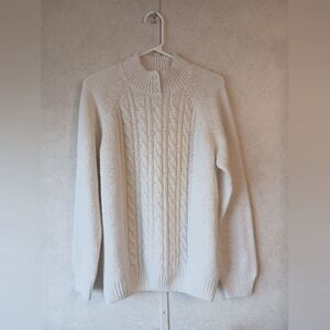 Karen Scott Sweater Chunky Cable Knit Cream Sweater Faux Pearl Mock Neck Sweater
